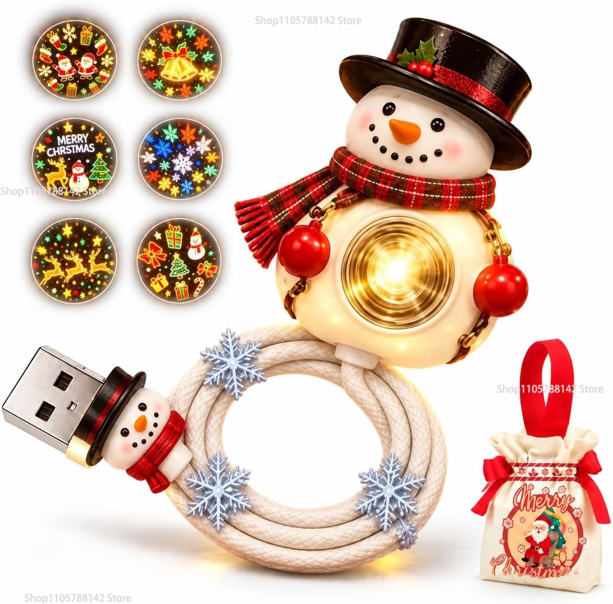 Lighting Christmas Decor - クリスマス・スノーマン・USBプロジェクターライト。角度調整可能で、壁や天井に投影して、クリスマスの雰囲気を演出。お部屋のインテリアとして最適。