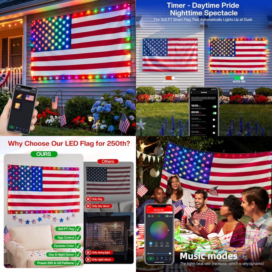 スマートライト付きアメリカ国旗 3x5フィート、アプリ制御旗 - Up Lighting Decor のレビューと価格