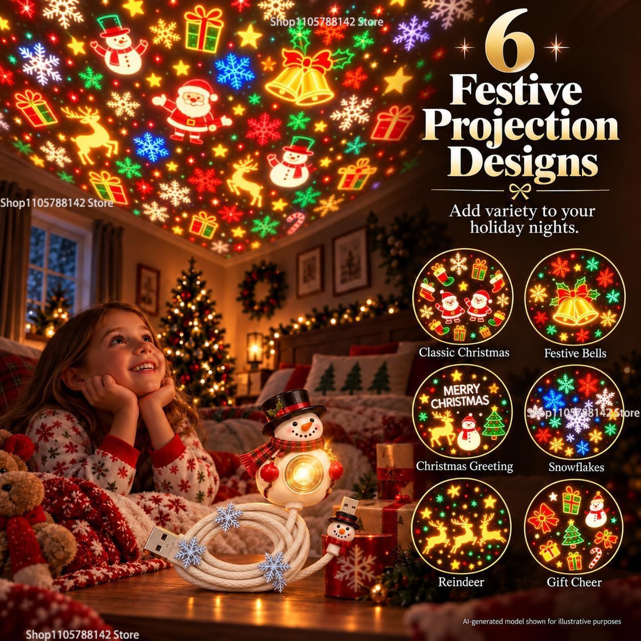クリスマス・スノーマン・USBプロジェクターライト。角度調整 - Lighting Christmas Decor のレビューと価格